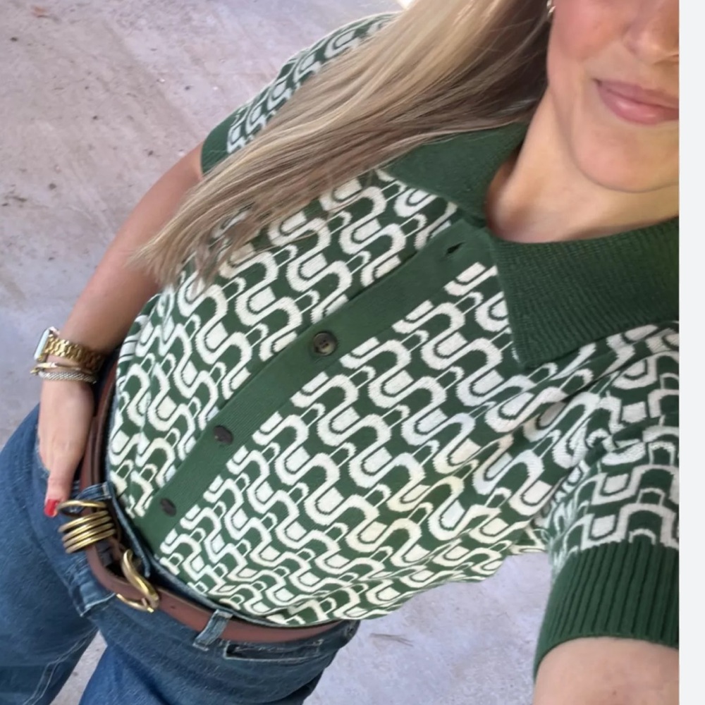 Anthropologie Green and White Patterned Sweater